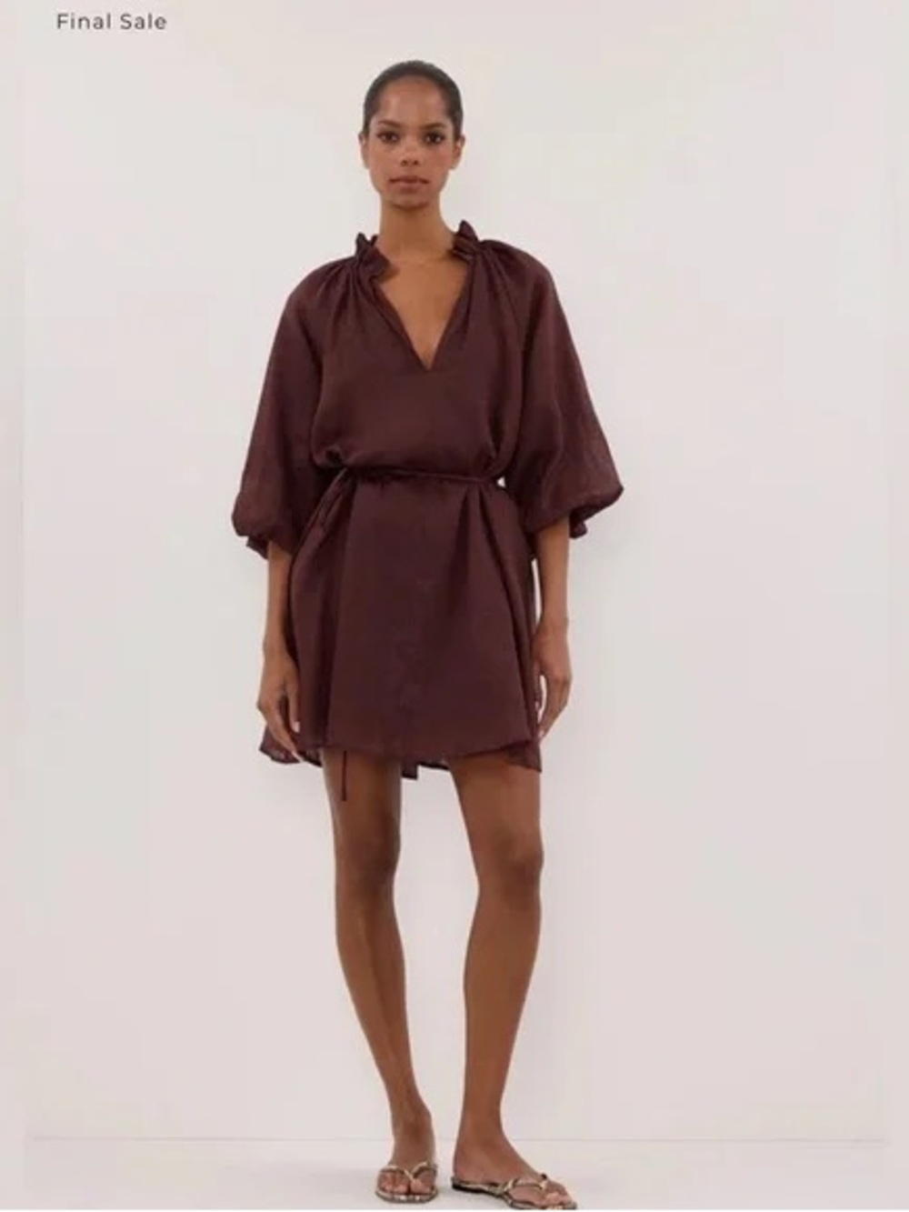 Brown V-Neck Belted Mini Dress